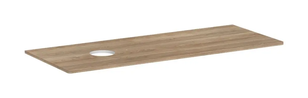 Holzplatte mit Ausschnitt auf der linken Seite, geeignet für einen Aufsatzwaschtisch. Hansgrohe bietet praktische Lösungen für Bad- und Sanitärbereiche.